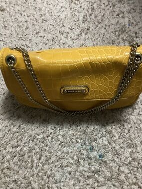 Anne Klein Mustard Yellow Croc-Embossed Crossbody with Silver Chain 11 x7